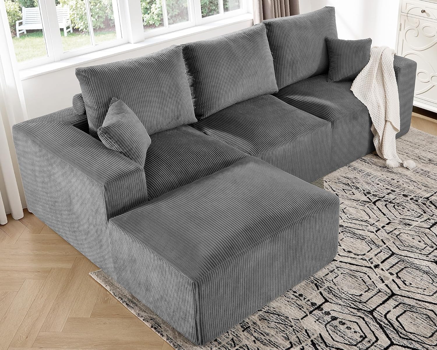 108" Modular Sectional Sofa, Compression Sofa with Deep Seat, Modular L-Shape Couch with Chaise, Upholstered Couches for Living Room Bedroom, No Assembly Required (Grey Corduroy, 108" L Shape)