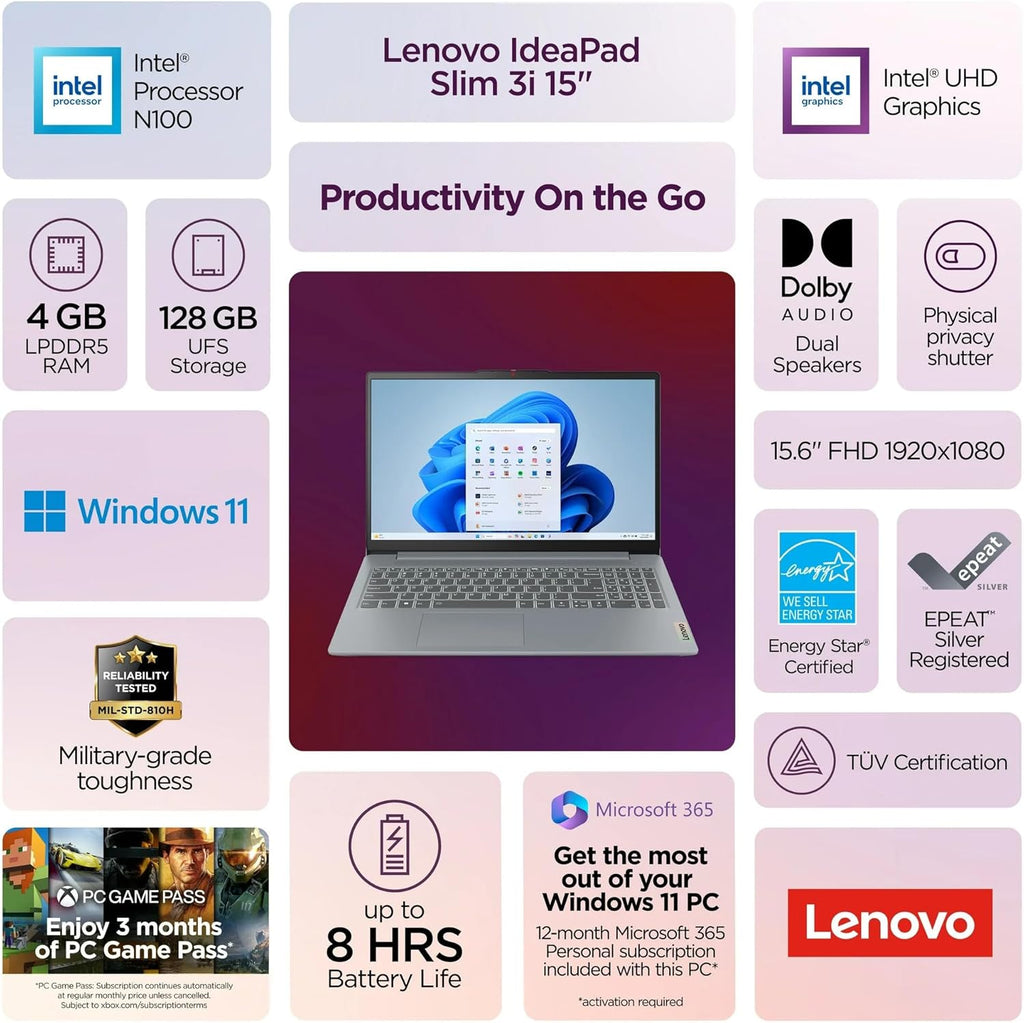 Lenovo IdeaPad Slim 3i 15.6" FHD Laptop • Microsoft Office 365 • 1.1TB Storage • LPDDR5 • Intel 4 Cores • 128GB SSD and 1TB Cloud • WiFi 6 • Military-Grade • Windows 11 no Mouse • Essential Laptop