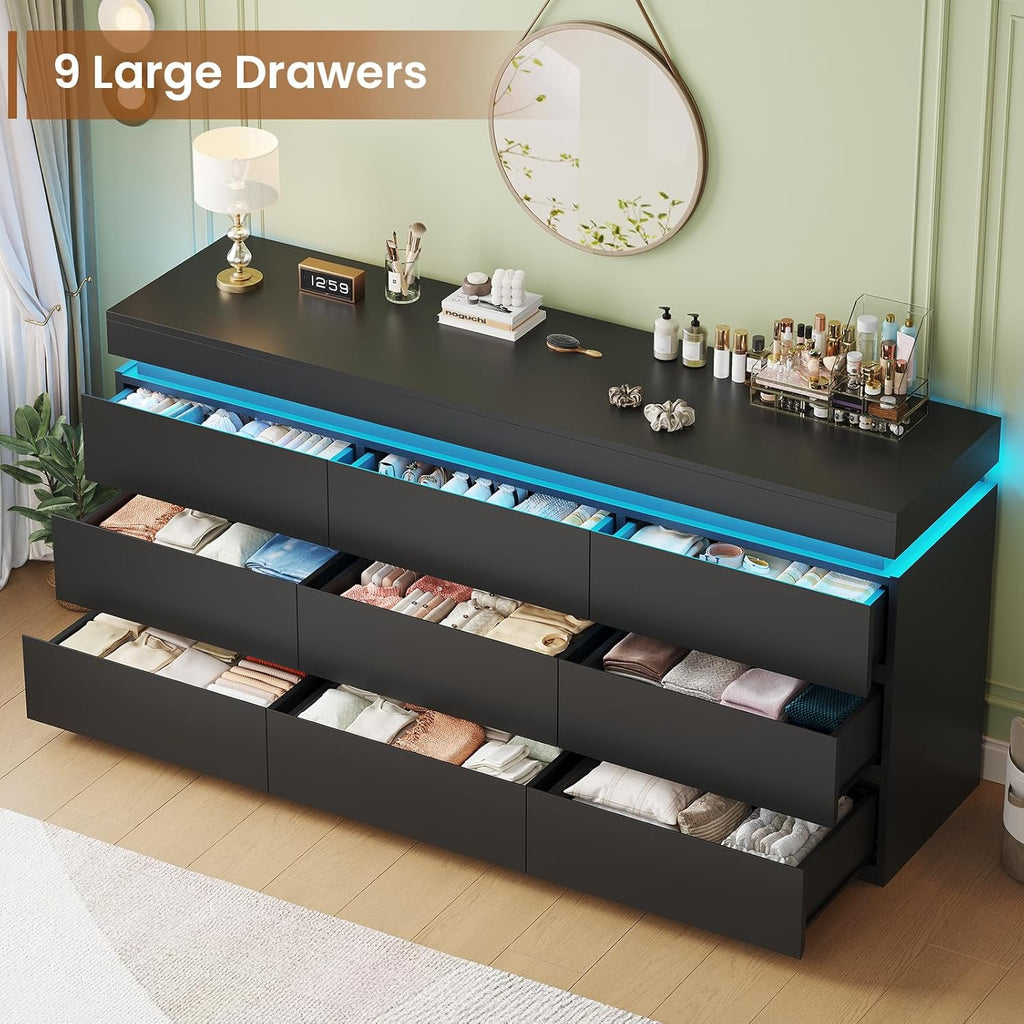 9 Drawer Dresser with LED Light, Black Modern Chest of Drawers for Bedroom,Long Dresser with Drawers for Living Room, Entryway, Hallway