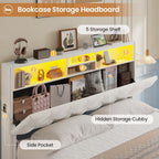 Full Size Bed Frame with Bookcase Headboard,LED Bed Frame with Charging Station, 4 Storage Drawer, Modern Velvet Upholstered Platform Bed with 5 Shelf, No Box Spring Needed, Creamy White