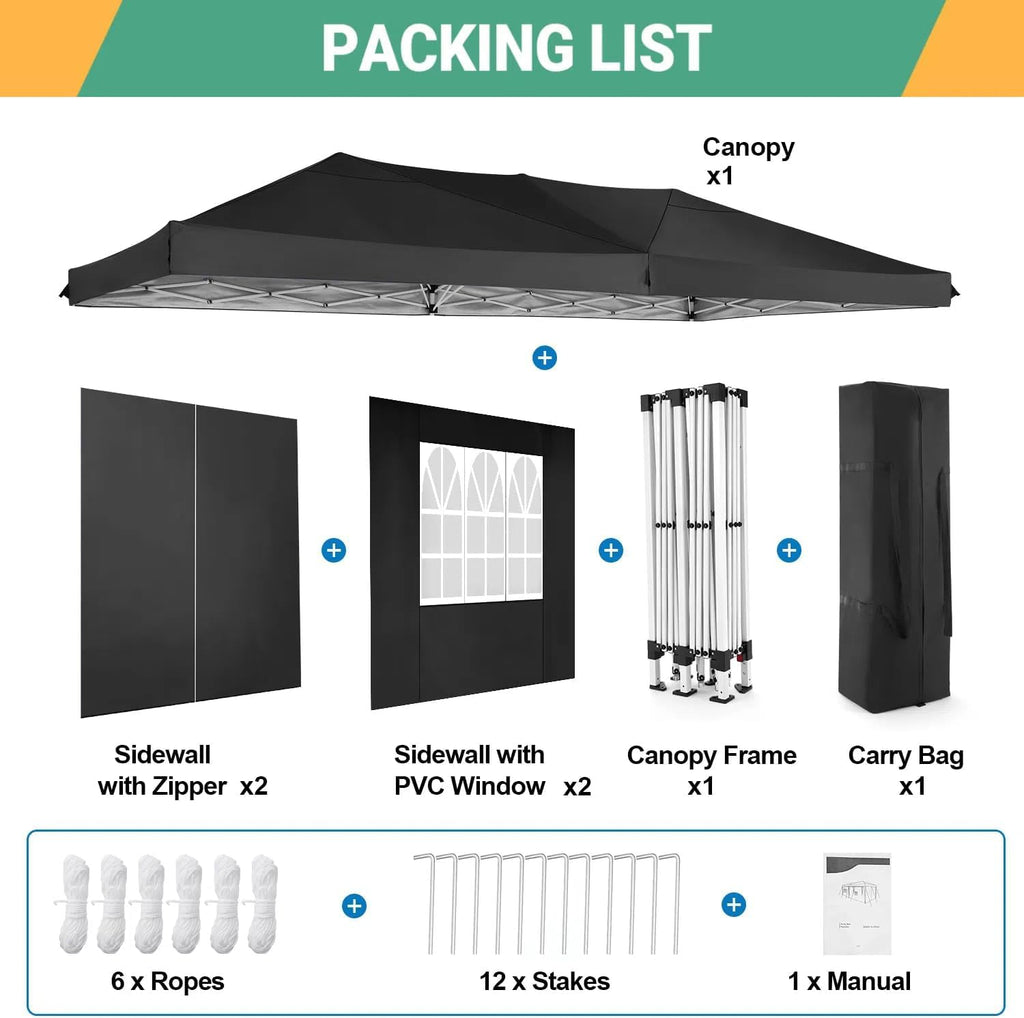 COBIZI Canopy 10x20 Pop Up Canopy Tent with 6 Sidewalls Outdoor Party Tent 10x20 Waterproof Commercial Instant Shelter UPF 50+ Portable Gazebo Wedding Tents for Parties Car Port Vender Events(Black