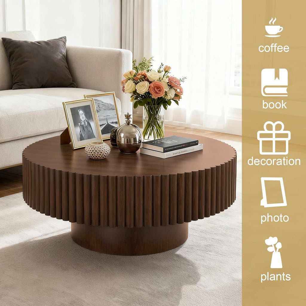 Rovibek Fluted Round Coffee Table, 31.5" Modern Wooden Coffee Table with Fluted Base, Circle Accent Center Table for Living Room Apartment Office Small Space, Easy Assembly (Walnut)