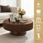 Rovibek Fluted Round Coffee Table, 31.5" Modern Wooden Coffee Table with Fluted Base, Circle Accent Center Table for Living Room Apartment Office Small Space, Easy Assembly (Walnut)