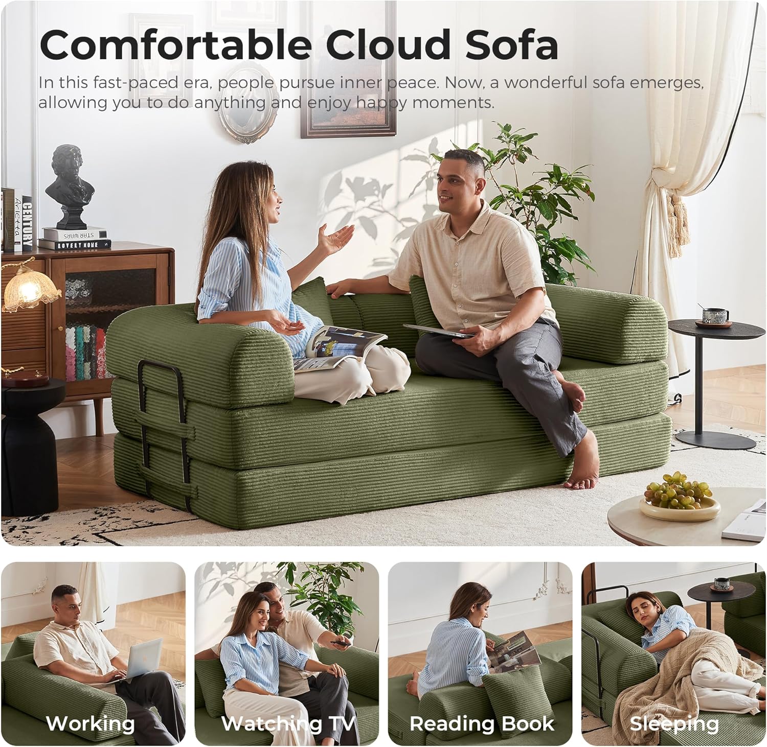 79'' Convertible Sofa Bed, 5-in-1 Folding Corduroy Sleeper Couch with Pull Out Bed, Oversized Modular Floor Sofa, No Assembly, Space-Saving Guest Bed for Apartment Living Room Bedroom (Light Green) | Convertible Sofa Bed