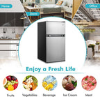 COSTWAY Compact Refrigerator, 3.2 Cu.Ft. Fridge Freezer Compartment with Reversible 2 Door, Adjustable Thermostat, Removable Glass Shelves, Mini Refrigerator for Bedroom Dorm Apartment, Silver