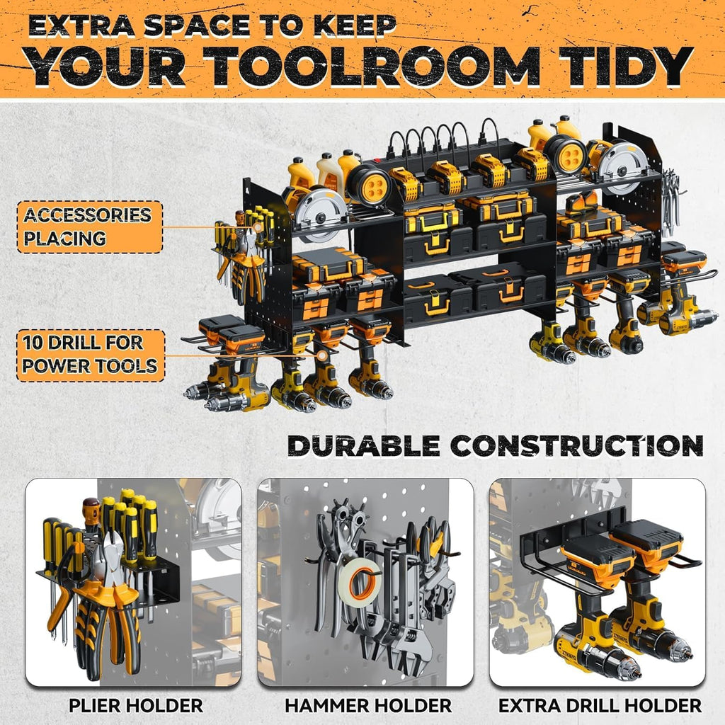Upgrade Large Power Tool Organizer Wall Mount with Charging Station, 6.5FT Power Strip, 10 Drill Holders, and Storage Rack for Garage Organization