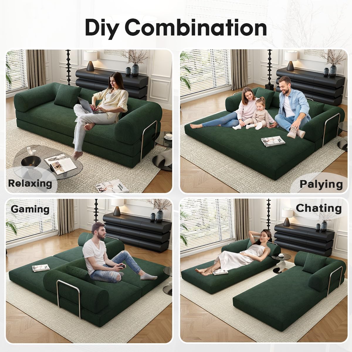78.8" Modular Sofa Bed - 4-in-1 Convertible Design with Corduroy Fabric and High Density Sponge, Removable Cover and Fixed Frame