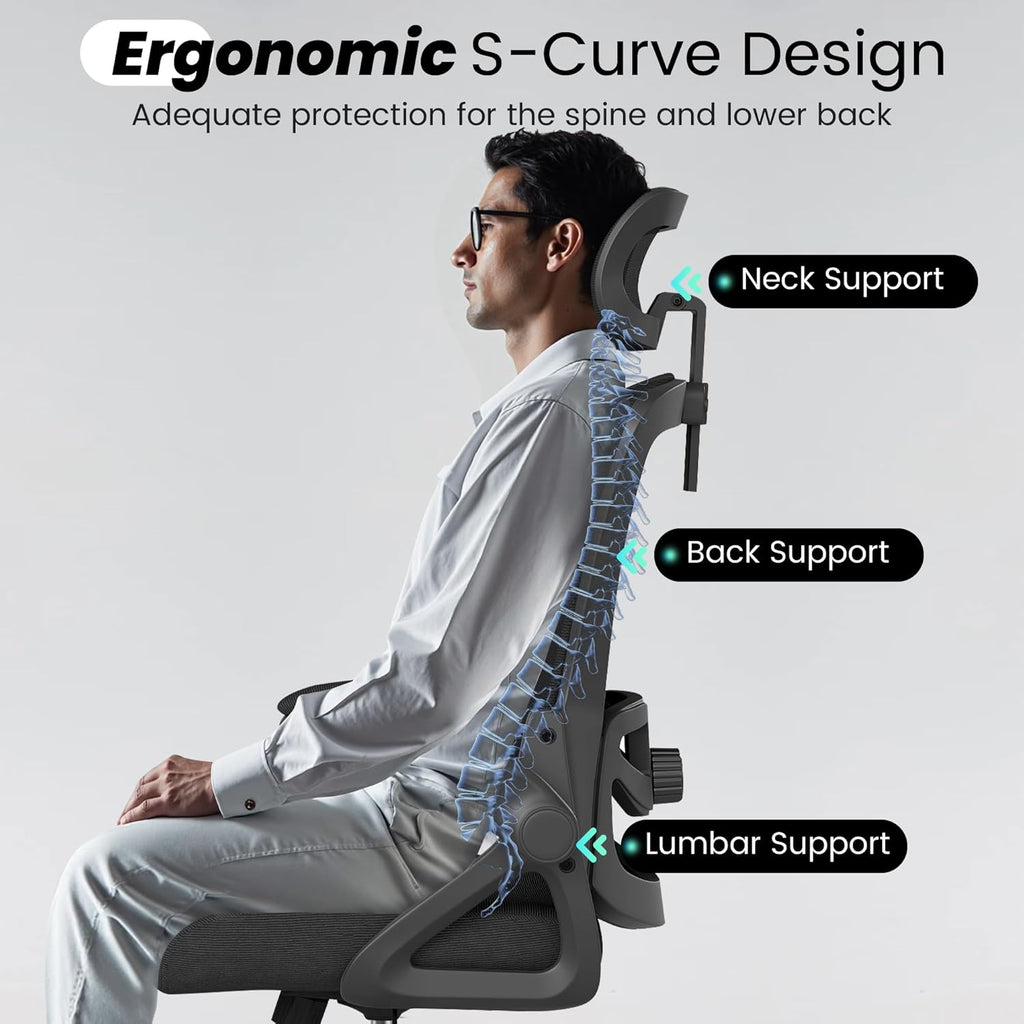 Fizzin Office Chair, Ergonomic Office Chair with High Back Mesh and Adjustable Lumbar Support, Home Mesh Office Desk Chairs with Wheels, Comfortable Gaming Chair for Long Hours (Deep Black)