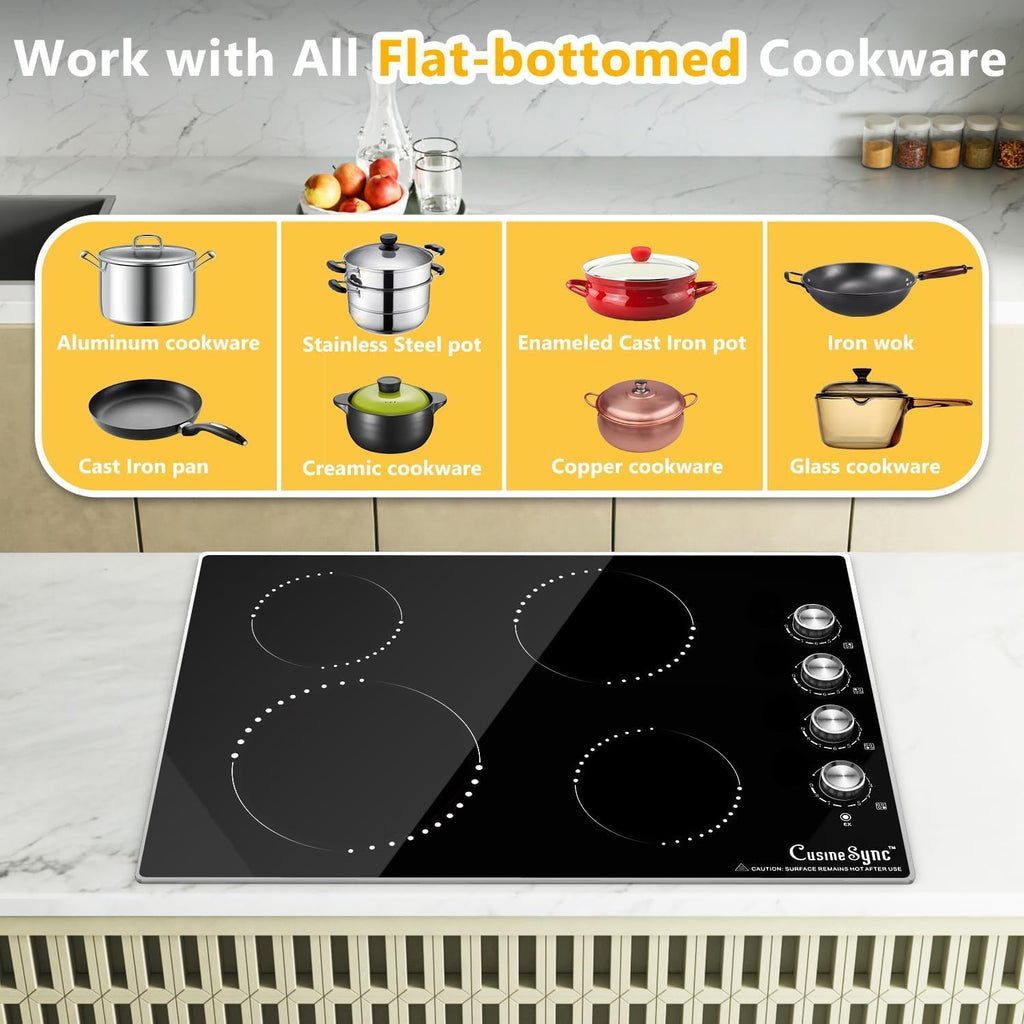 30 Inch Built-In Electric Ceramic Glass Cooktop, 4 Burners, 7200W Total Power, Knob Control, Compatible with Flat-Bottom Cookware, 220-240V Hardwired