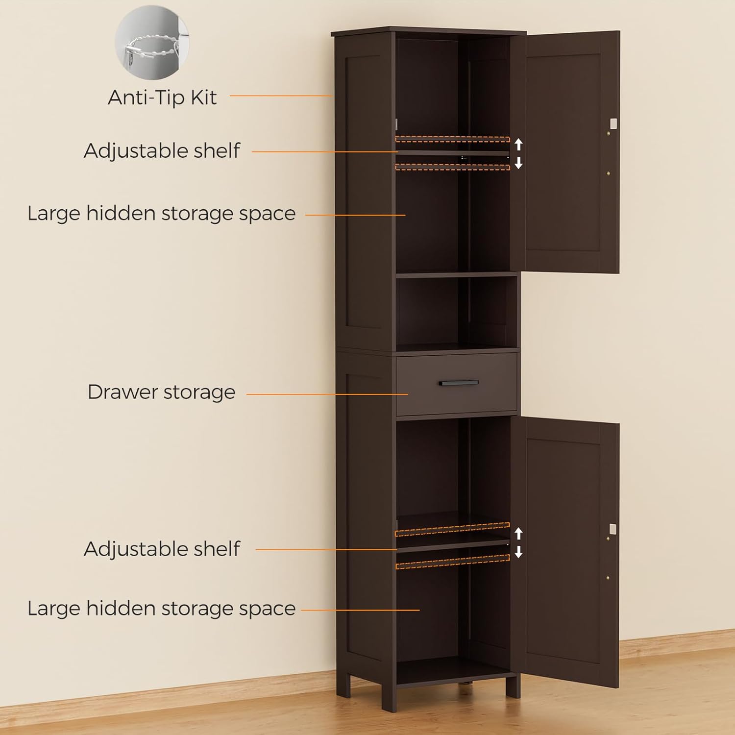 Homhedy 67" H Tall Bathroom Storage Cabinet with 2 Barn Doors and 1 Drawer, Narrow Storage Unit, Adjustable Shelves, Floor Cabinet for Bathroom, Living Room, Entryway, Kitchen, Brown, (15.7" W)