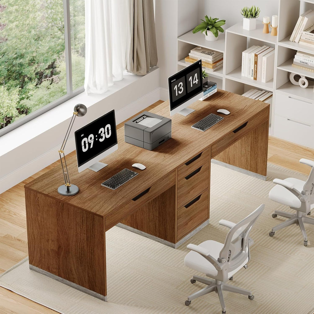 Two Person Desk with 5 Drawers, Double Desk with Storage for 2 People, 78 Inch Extra Long Computer Desk Workstation with File Drawer for Home Office, Brown