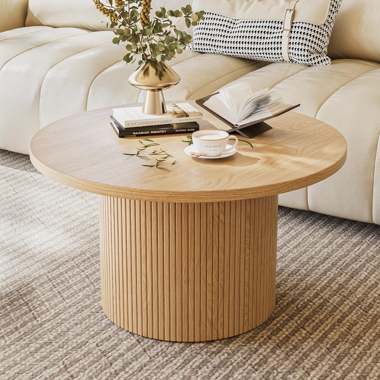 MAISONARIA Round Coffee Table with Metal Frame, 35" Coffee Tables for Living Room, Circle Wood Accent Center Table for Apartment, Oak