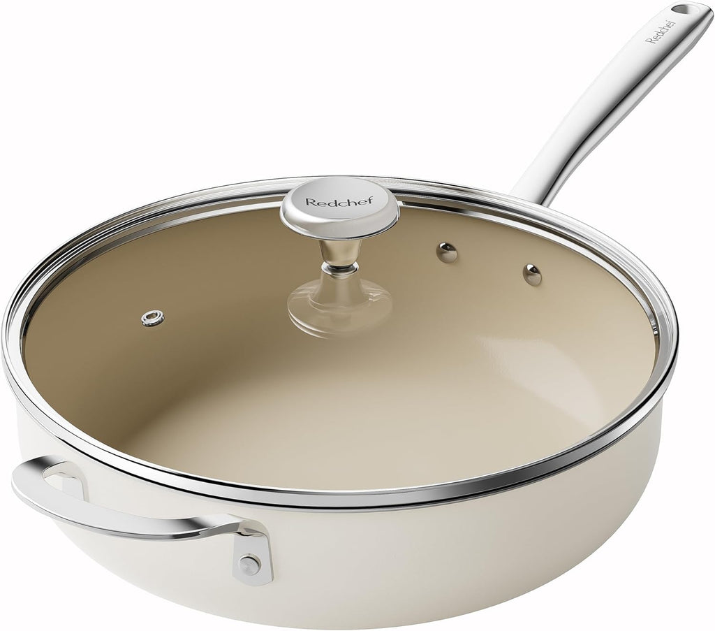 Redchef Cooking Pot Set Induction 5Qt, Saucepan Set 2.5/3.5Qt, 5QT Ceramic Saute Pan with Lid, Compatible All Cooktops, PTFE PFAS Free (Beige)
