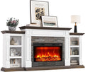 Naice 80" Electric Fireplace with Mantel and Cabinets, Fireplace TV Stand for Living Room Bedroom, Stacked Stone Surround and Remote Control 3D Realistic Flame, White&Brown