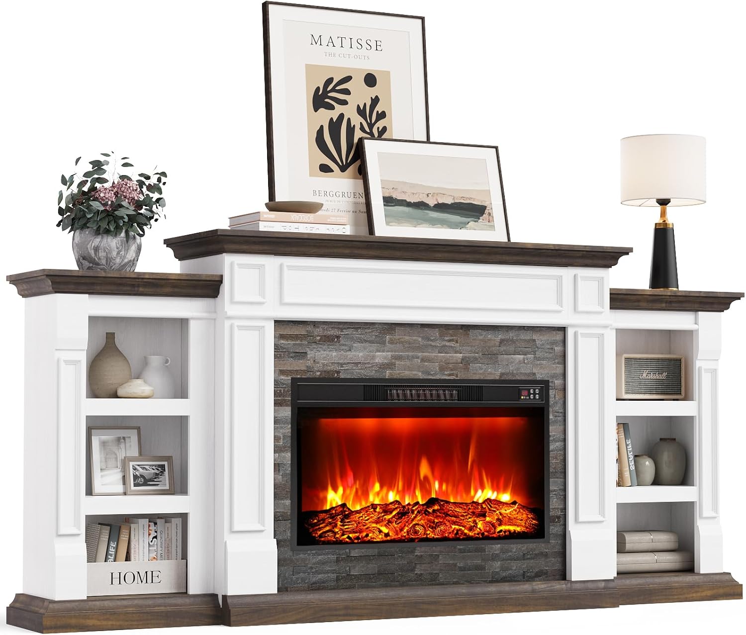 Naice 80" Electric Fireplace with Mantel and Cabinets, Fireplace TV Stand for Living Room Bedroom, Stacked Stone Surround and Remote Control 3D Realistic Flame, White&Brown