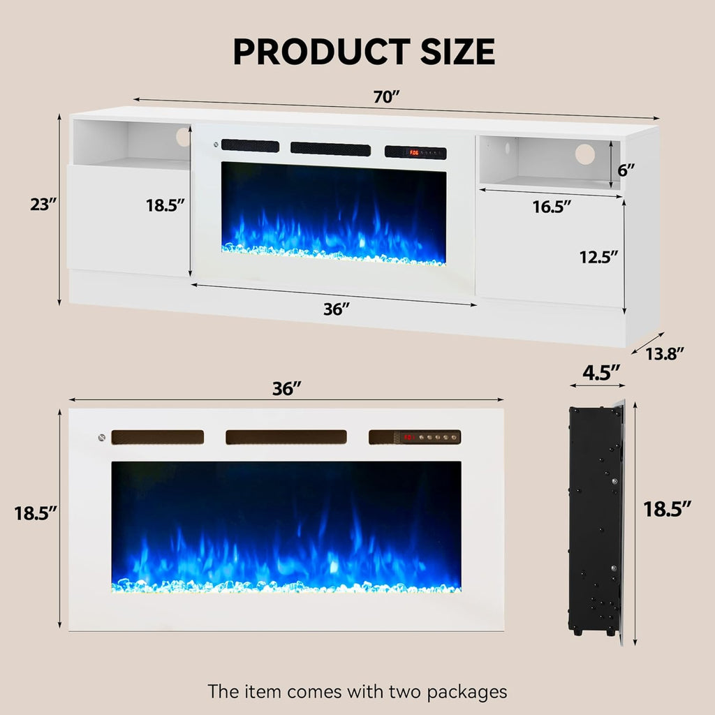 70" Fireplace TV Stand, LED Light Entertainment Center for TVs Up to 80", High-Gloss Door, Modern TV Console for Living Room with Storage Cabinet, White+White