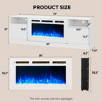 70" Fireplace TV Stand, LED Light Entertainment Center for TVs Up to 80", High-Gloss Door, Modern TV Console for Living Room with Storage Cabinet, White+White
