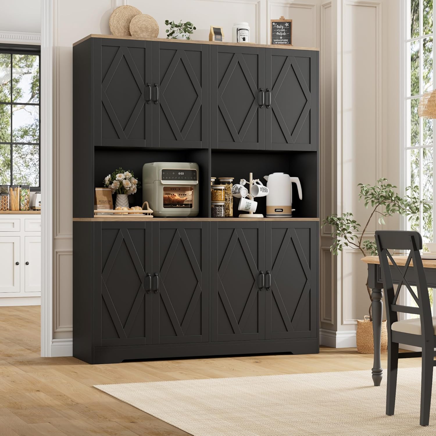 HOSTACK 71" Tall Pantry Cabinet, 55" Wide Kitchen Pantry Storage Cabinet, Large Kitchen Hutch with 2 Microwave Stands, Farmhouse Coffee Bar Station with Doors and Shelves for Dining Room, Black