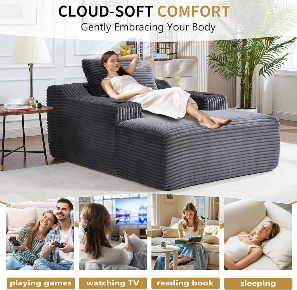 67" Oversized Chaise Lounge Chair Indoor, Soft Boneless Cloud Couch Chair with Wide Armrest Pillows and Cup Holders, Comfy Corduroy Sofa Bed Sleeper Couch for Living Room No Assembly Require,Dark Grey
