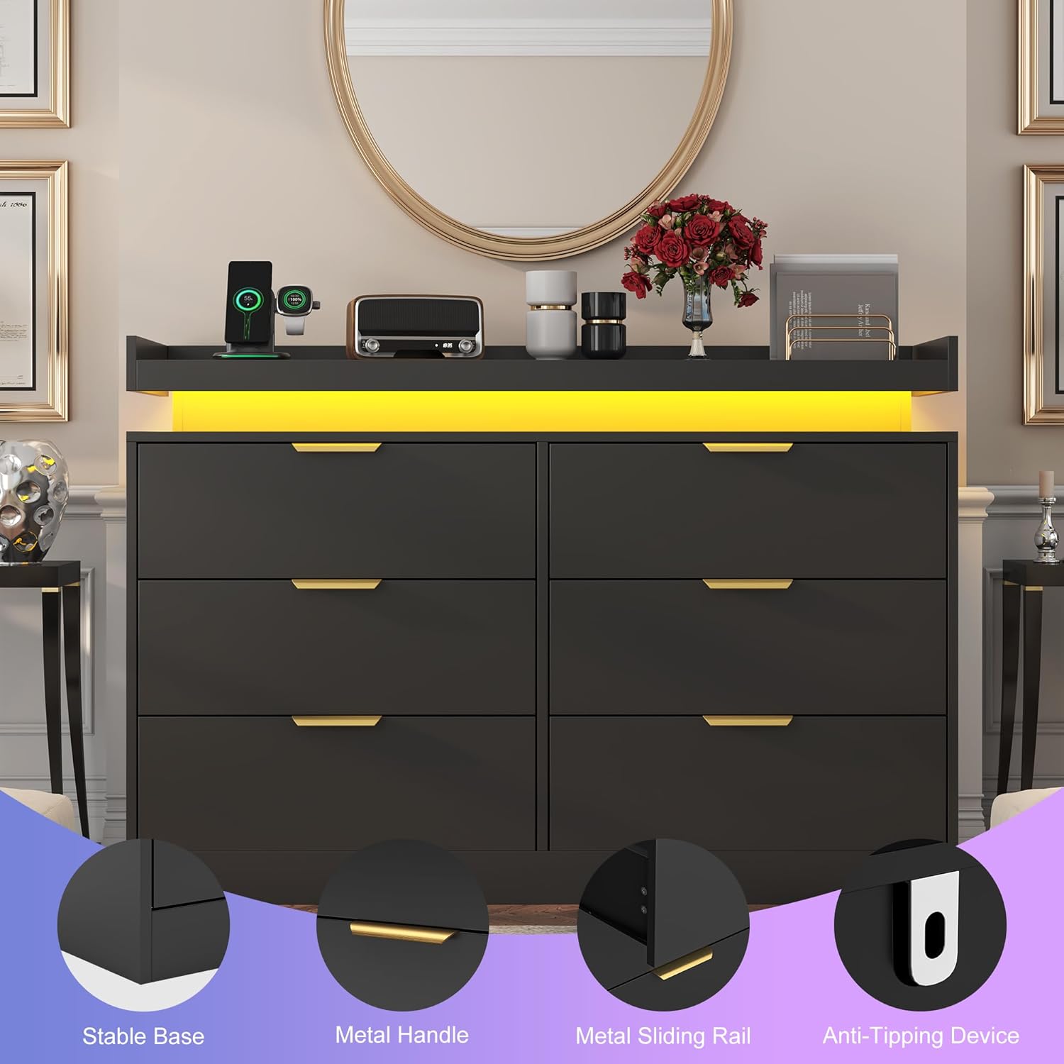 6 Drawer Dresser for Bedroom, Black Dresser with LED Lights and Power Outlet, Wooden Dressers Chests of Drawers, Double Wide Dressers for Bedroom, Entryway, Hallway