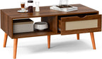 ZttRiee Coffee Table with Storage, Boho Dining Table with Rattan Drawer and Solid Wood Legs, Small Coffee Tables for Living Room, Walnut