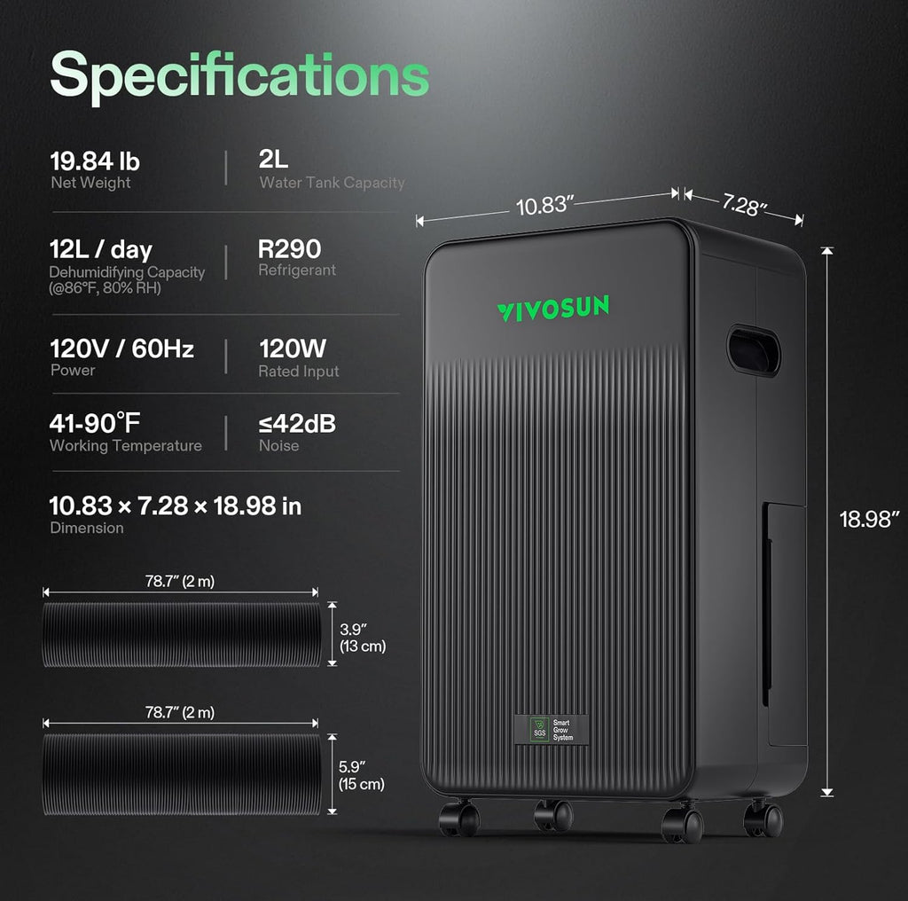 VIVOSUN AeroDrain D12 Smart Environmental Dehumidifier, up to 12L/day, 2L Water Tank, with Temperature & Humidity Sensor Probe, Smart Remote Control, Designed for Grow Tents
