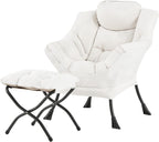 Welnow Lazy Chair with Ottoman, Modern Reading Accent Chair with Armrests and a Side Pocket, Leisure Upholstered Lazy Sofa Set with Footrest for Small Space, Beige