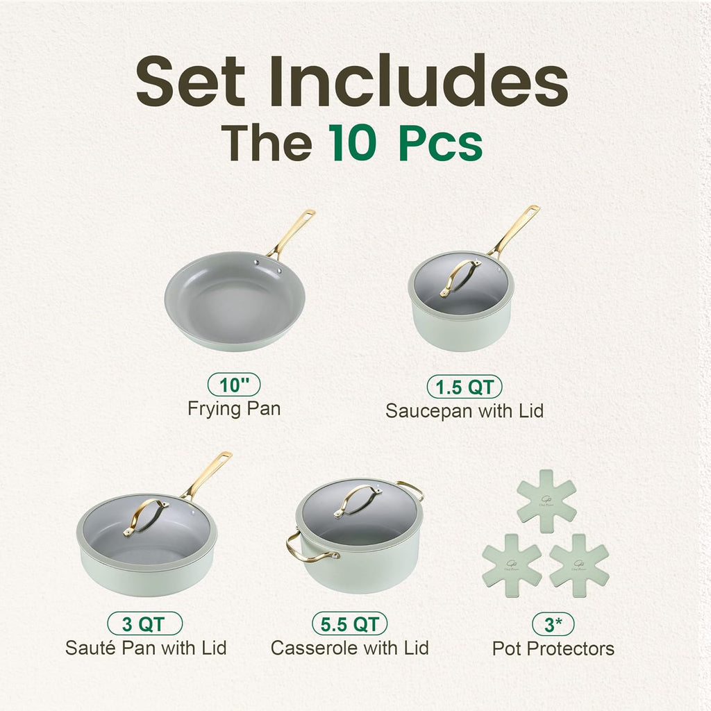 Chef Power Ceramic Cookware Sets, 10Pcs Pots and Pans Set Non Stick, Cookware Set with Stainless Steel Handle, Dishwasher & Oven Safe, Sage Green and Granite Grey