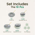 Chef Power Ceramic Cookware Sets, 10Pcs Pots and Pans Set Non Stick, Cookware Set with Stainless Steel Handle, Dishwasher & Oven Safe, Sage Green and Granite Grey
