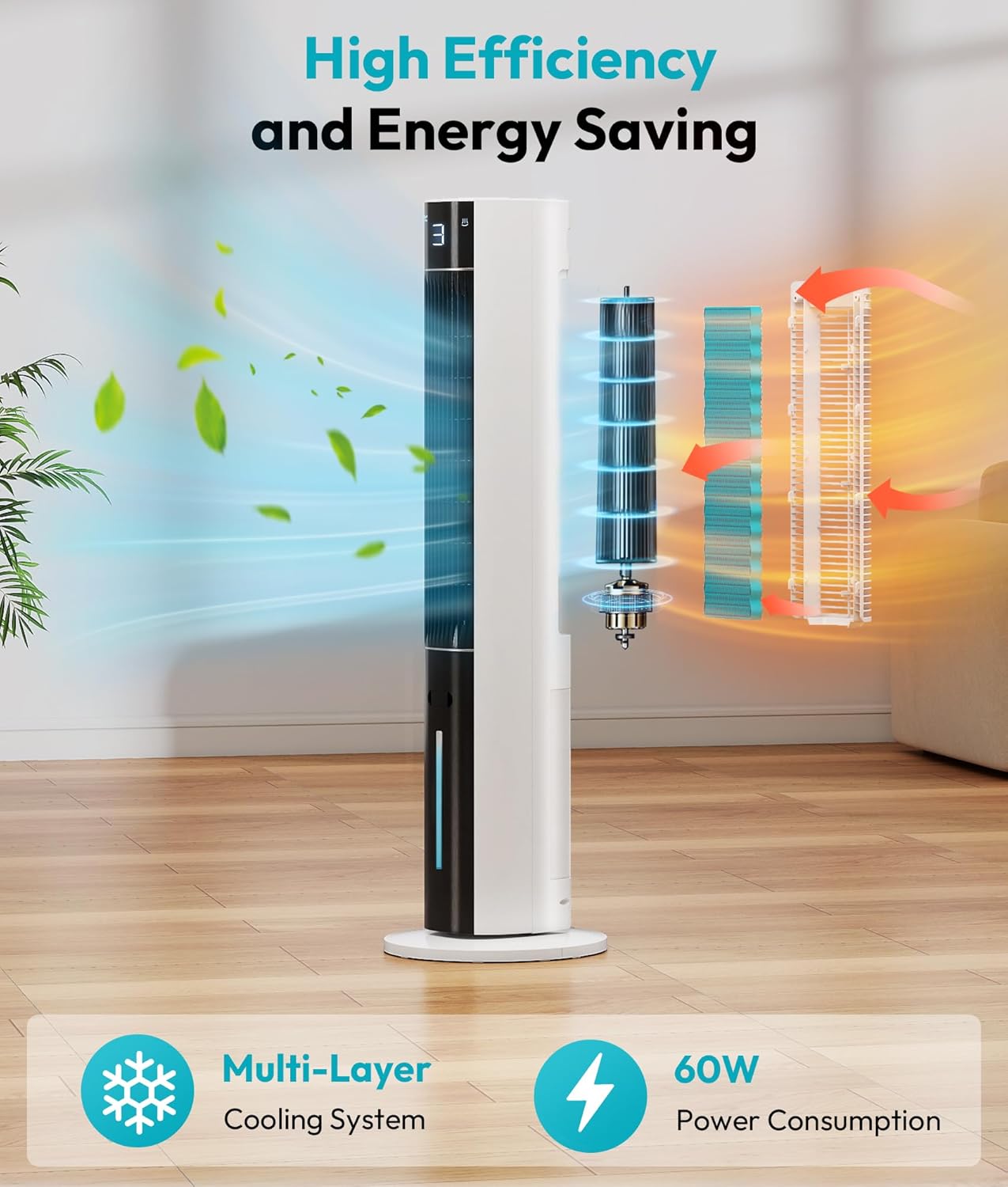 Evaporative Air Cooler - Swamp Cooler with 3L Water Tank, 3 Modes & 3 Speeds, Remote Control, 12H Timer, 50° Oscillating Portable Bladeless Cooling Tower Fan For Room Bedroom Office Mother's Day