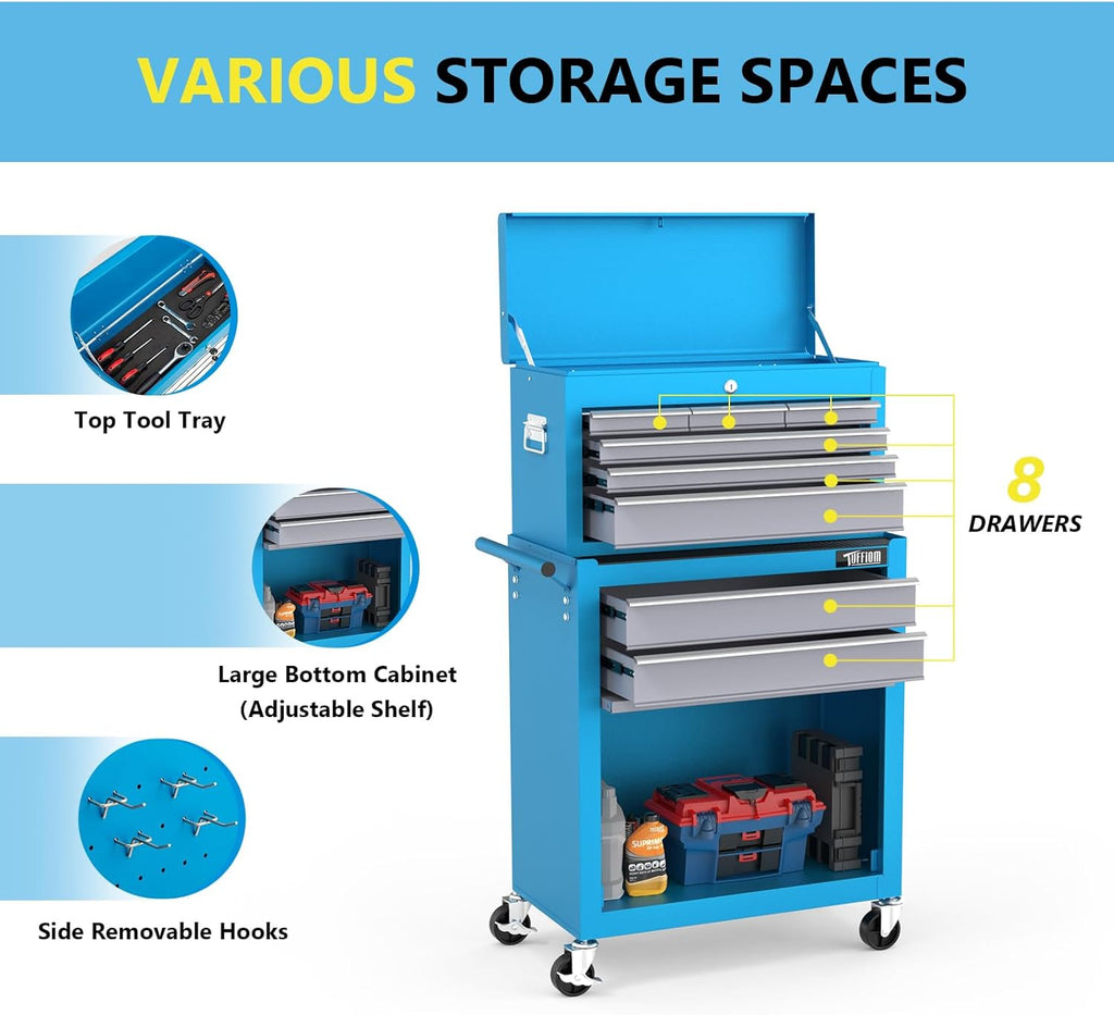TUFFIOM 8-Drawer Rolling Tool Chest w/Lock, Tool Storage Cabinet w/Wheels, Detachable Top, Drawers & Drawer Liners, Tool Organizer Box for Garage, Warehouse & Repair Shop