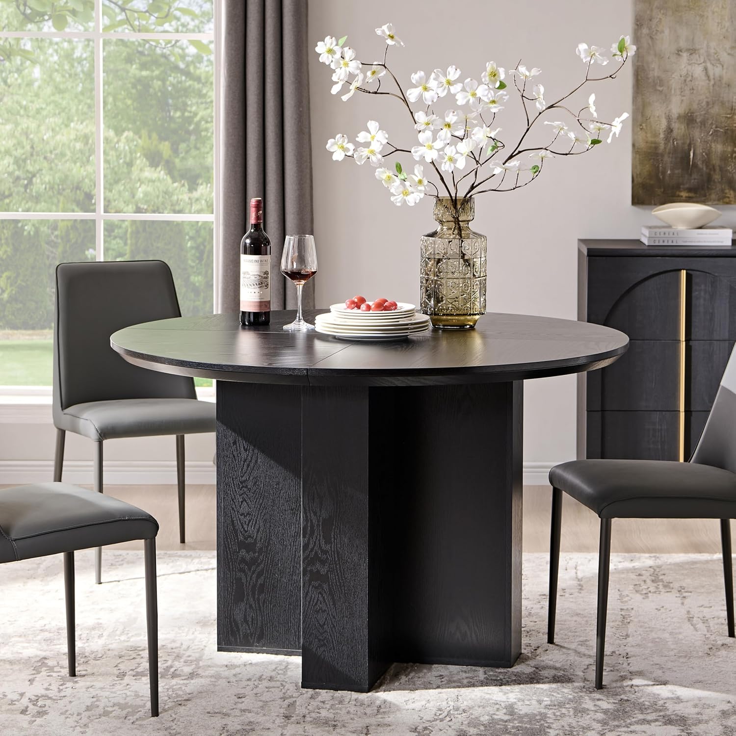 OKD 47 Inch Modern Wood Round Dining Table for 4, Dining Room Table with Stable Cross Pedestal Base & Thick Tabletop, Sturdy Circle Kitchen Table for Dinner Room, Kitchen, Nook, Black Oak