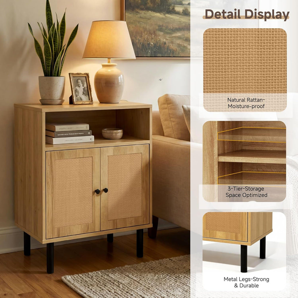 Narrow Storage Cabinet with Rattan Doors, 32" Tall Small Cabinet for Bathroom, Small Space Hallway Entryway, Free-Standing Sideboard for Laundry Room Kitchen, Easy Assembly(Dark Oak)