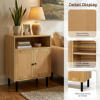 Narrow Storage Cabinet with Rattan Doors, 32" Tall Small Cabinet for Bathroom, Small Space Hallway Entryway, Free-Standing Sideboard for Laundry Room Kitchen, Easy Assembly(Dark Oak)