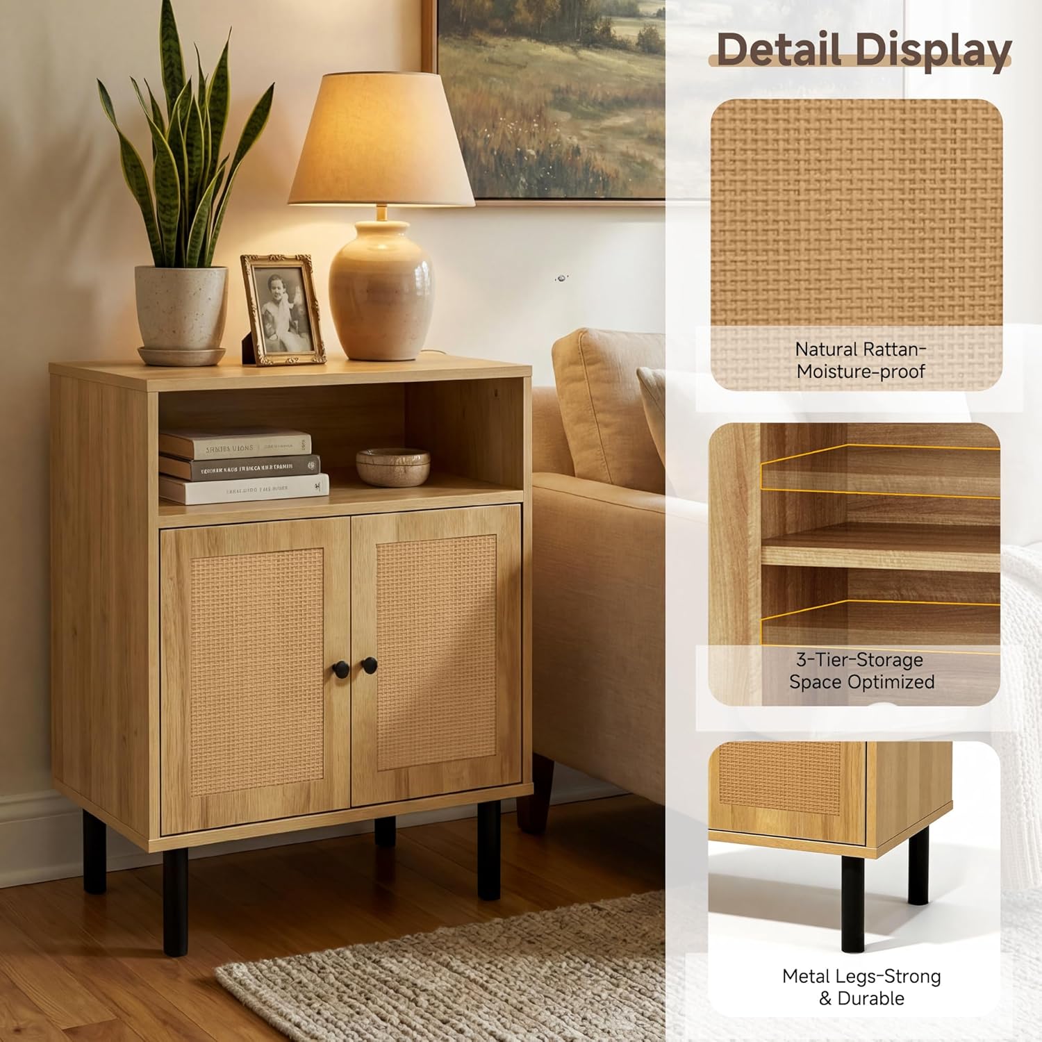 Narrow Storage Cabinet with Rattan Doors, 32" Tall Small Cabinet for Bathroom, Small Space Hallway Entryway, Free-Standing Sideboard for Laundry Room Kitchen, Easy Assembly(Dark Oak)