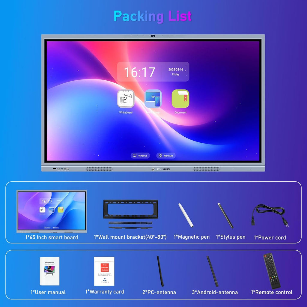 65 Inch Smart Board, 4K Electronic Whiteboard, Built in Dual System and 20MP Camera Digital White Board for Classroom and Business, Interactive Whiteboard with Video Conference System (Board Only)