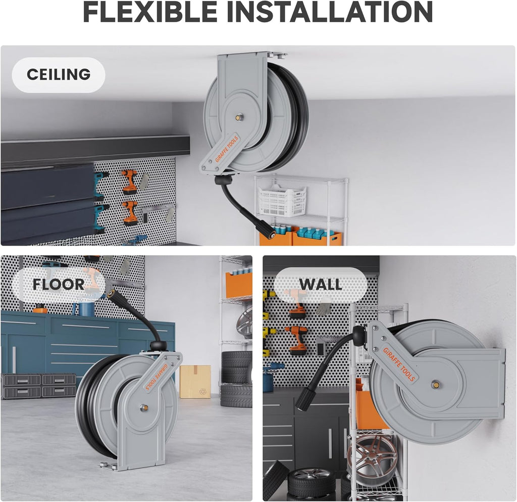 Giraffe Tools Pressure Washer Hose Reel 65ft, 3200 PSI Power Washer Hose Reel, Pressure Washer Retractable Hose Reel, Heavy Duty, Wall/Floor Mounted, Silver