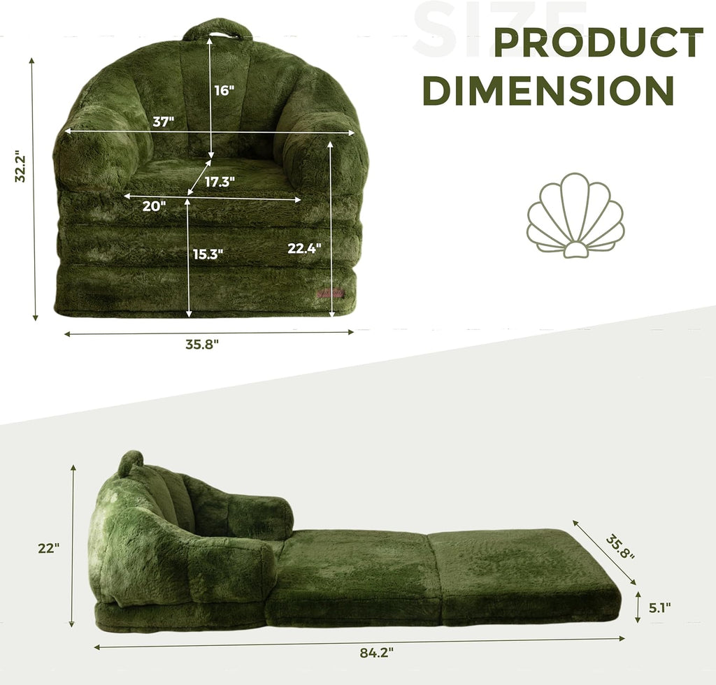 MAXYOYO Folding Sofa Bed, 2 in 1 Convertible Sofa to Lounger Comfy Single Bean Bag Chair for Adults, Floor Sleeper Couch with Handle, Faux Fur Couch Bed for Living Room Bedroom, Green
