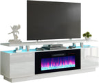 AMERLIFE Fireplace TV Stand with 36" Fireplace, 70" Modern Fireplace Entertainment Center LED Lights, 2 Tier TV Console Cabinet for TVs Up to 80", Ivory White