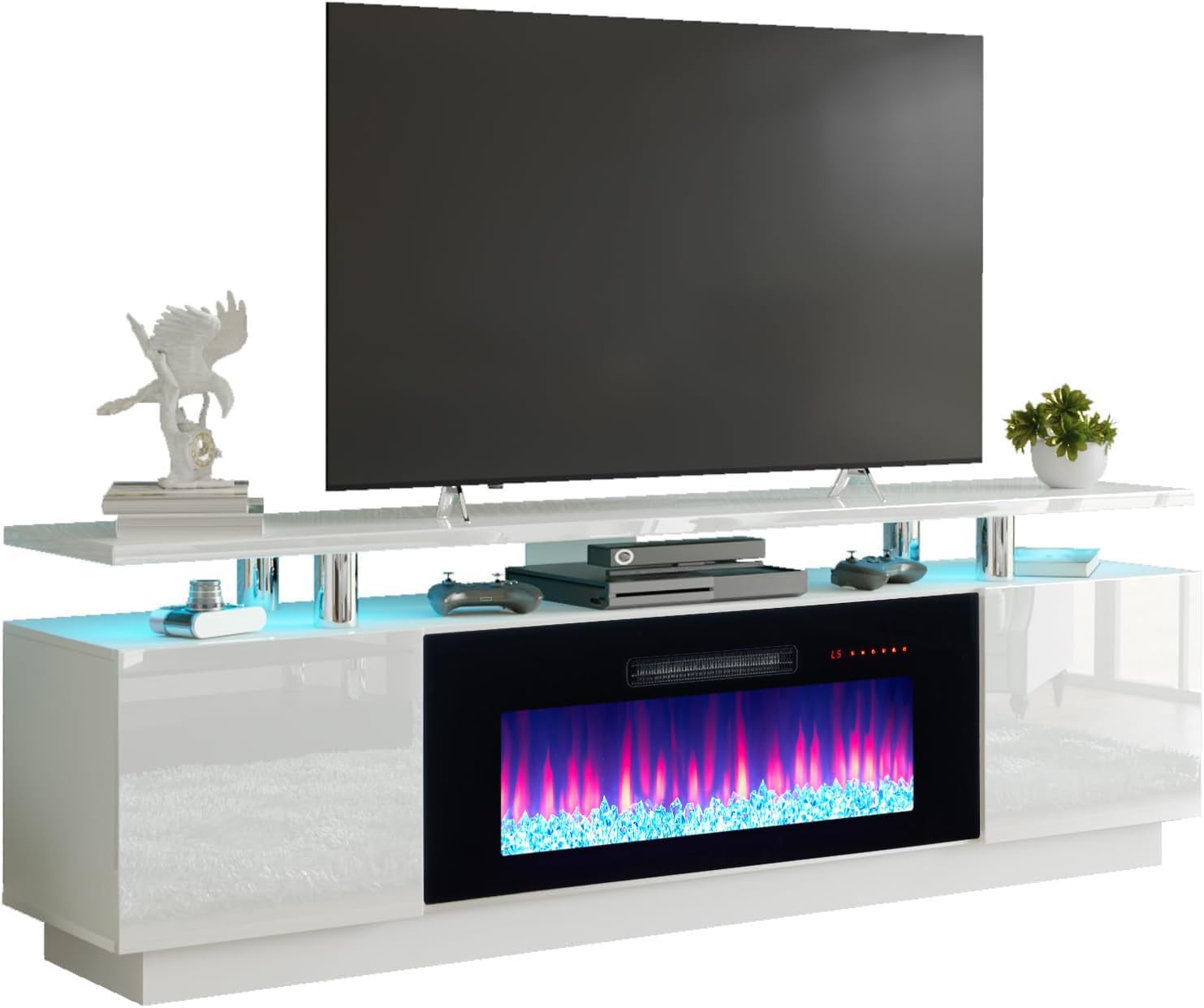AMERLIFE Fireplace TV Stand with 36" Fireplace, 70" Modern Fireplace Entertainment Center LED Lights, 2 Tier TV Console Cabinet for TVs Up to 80", Ivory White