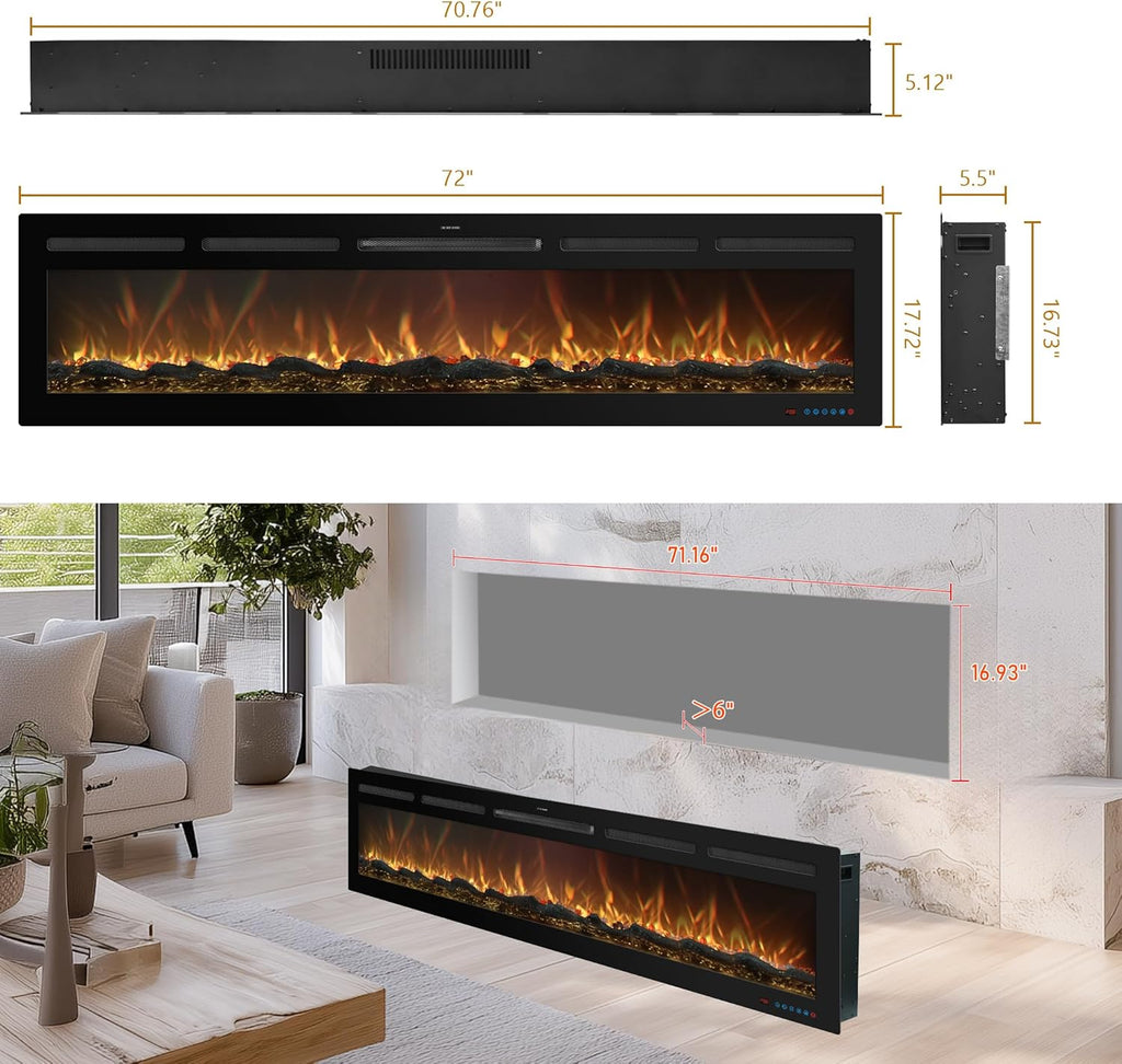 72 Inch WiFi Electric Fireplace Heater with Sound, Wall Mounted, Recessed or Free‑Standing, 750/1500W, 13 Flame & Fuel Bed Colors, Dimmable, Remote & App Control, Alexa & Google Home