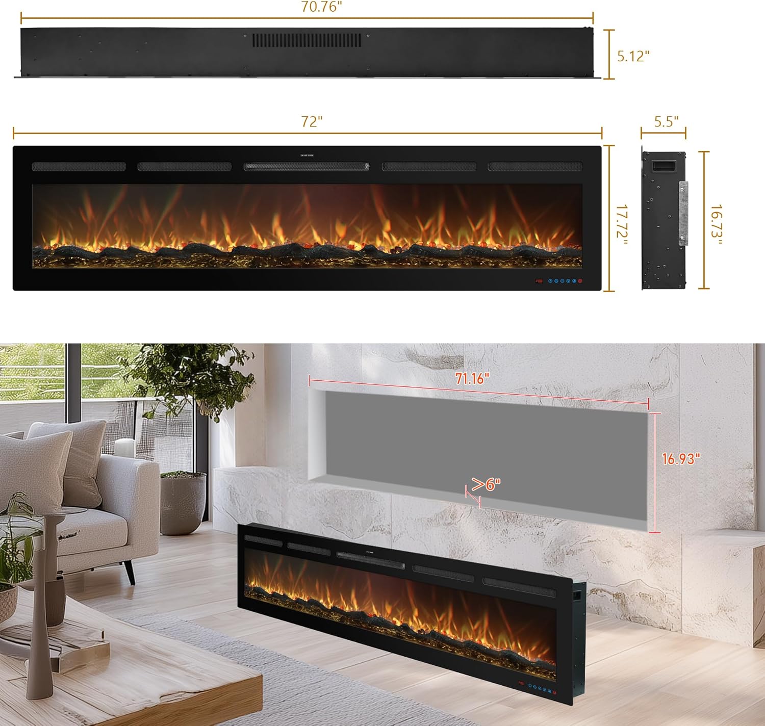 72 Inch WiFi Electric Fireplace Heater with Sound, Wall Mounted, Recessed or Free‑Standing, 750/1500W, 13 Flame & Fuel Bed Colors, Dimmable, Remote & App Control, Alexa & Google Home