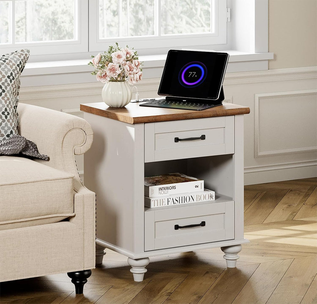 WAMPAT Off White Nightstand with 2 Drawers, Wooden End Table with Charging Station, Mid Century Modern Side Table Bedside Table for Bedroom & Living Room, 20 Inch