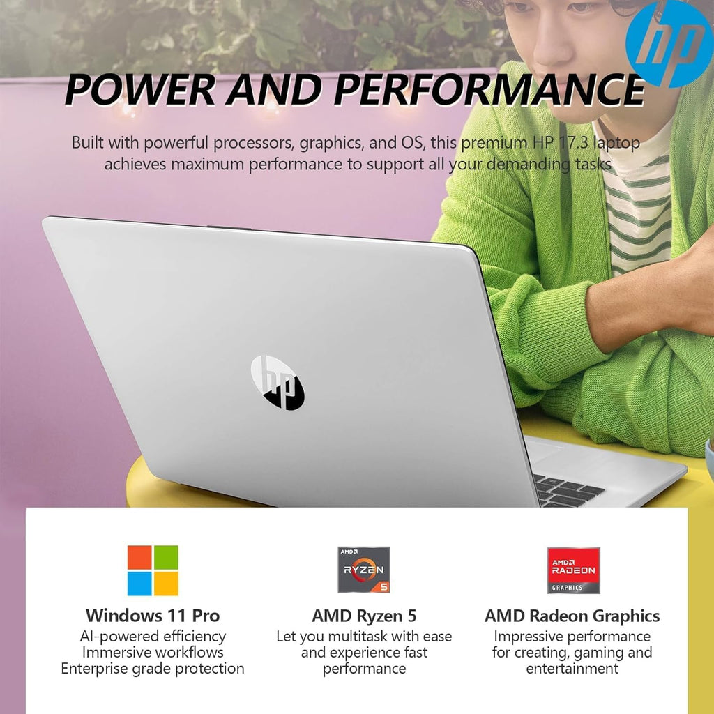 HP 17.3 Inch FHD Business Laptop with MS Office for The Web  AMD Ryzen 5 7430U (Beats Core i7-1355U)  8GB RAM  756GB Storage(256GB SSD + 500GB External Drive)  Windows 11  WOWPC 3-in-1  No Mouse