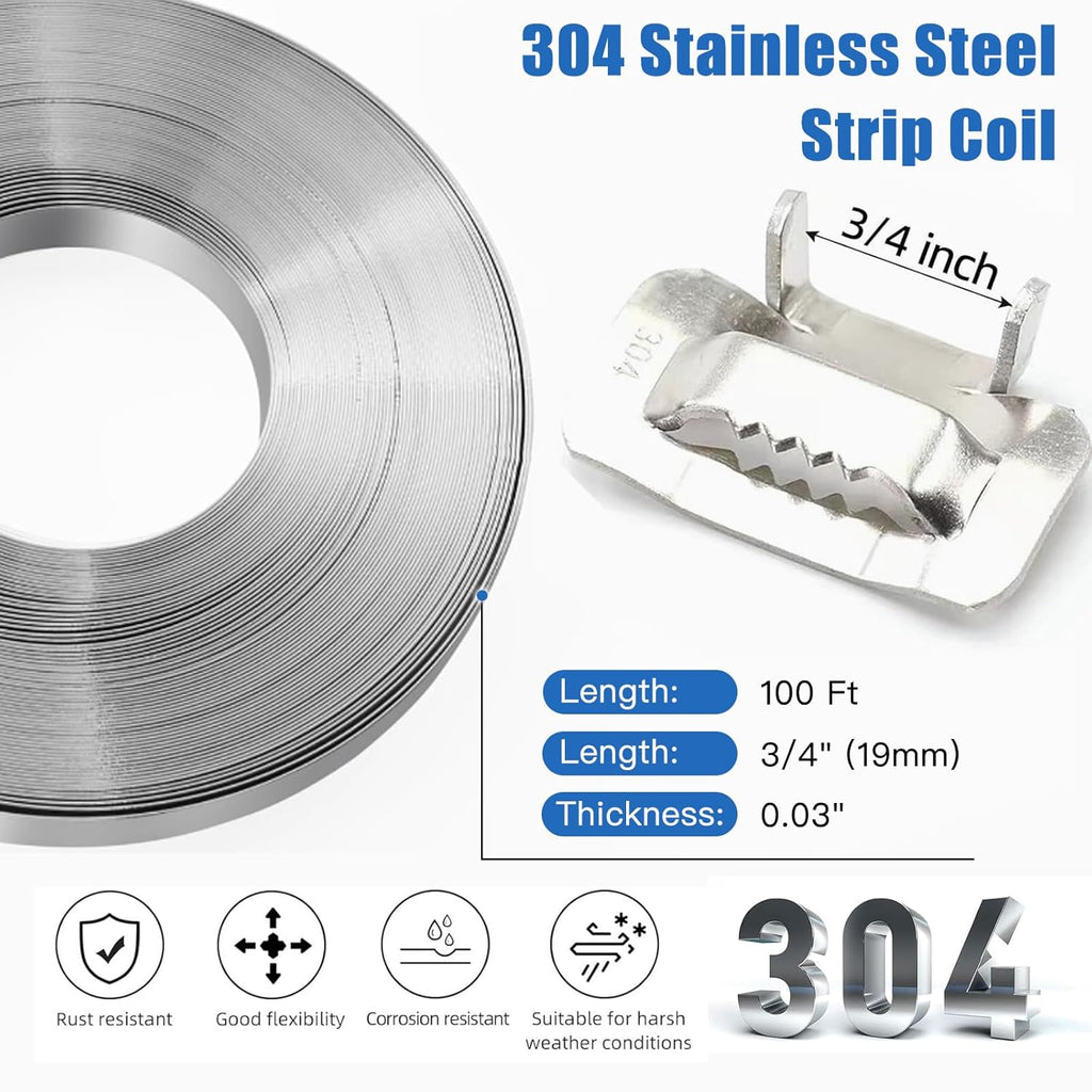 Banding Strapping kit, Stainless Pallet Strapping Kit, Metal Banding Tool, 200 ft Length 304 Stainless Steel Strapping, 100 Metal Buckle and A Pair Cut Resistant Gloves