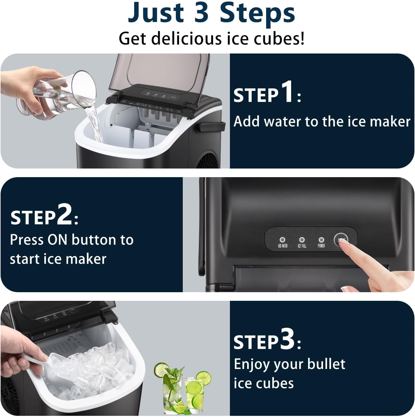 Countertop Ice Maker Machine, Portable Compact Small Bullet Ice Maker with Self Cleaning Function Makes 9 Cubes in 6 Minutes, Up to 26lbs in 24 Hours, Ideal for Camping Dorm Home Outdoor Use(Black)