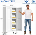 GAIOUS Metal Garage Storage Cabinet with Lock, 61” Tall Lockable File Cabinet with Wheels, Steel Tool Cabinet with 2 Door and 3 Adjustable Shelves, Rolling Cabinet for Home Office Garage Gym - White