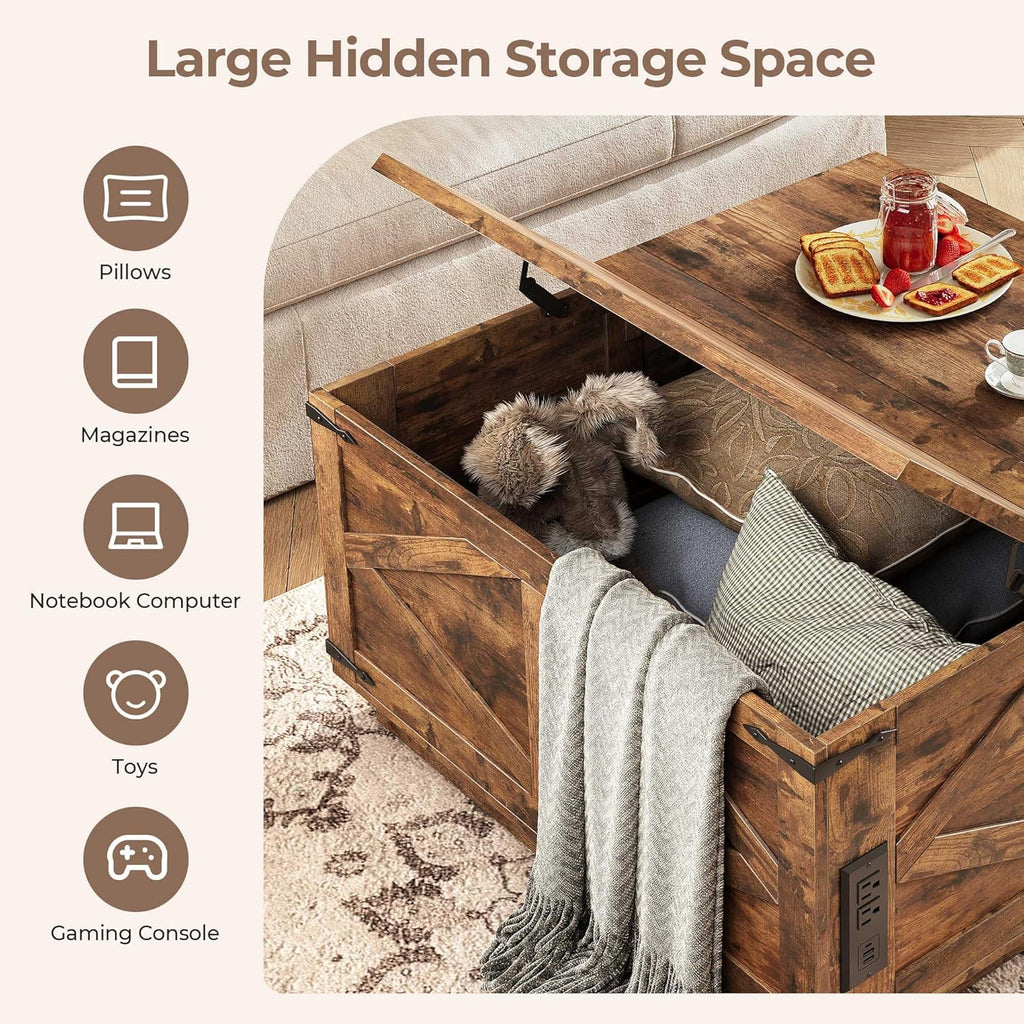 Jocoevol Farmhouse Lift Top Coffee Table, Square Wood Center Table with LED Lighting, USB-C Charging Station, and Hidden Storage Compartment - Rustic Brown Living Room Furniture