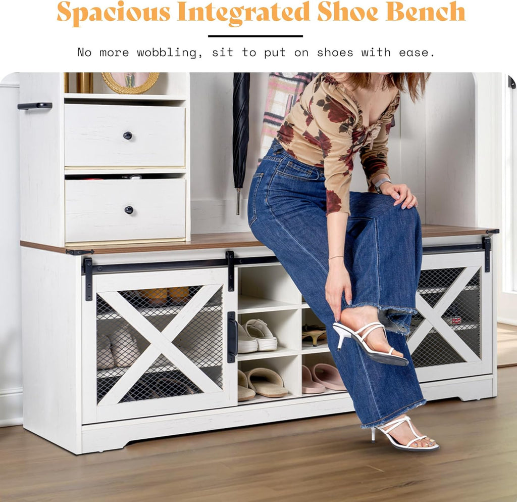 AMERLIFE 7-in-1 Farmhouse Hall Tree with Bench and Shoe Cabinet, LED Entryway Organizer with 2 Drawers, 12 Shoe Cubbies & Barn Doors, 7 Coat Racks with Shoe Storage, Rustic White
