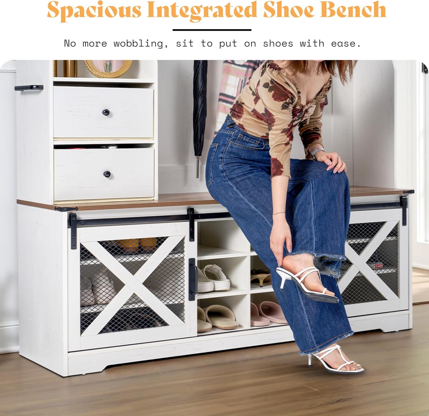 AMERLIFE 7-in-1 Farmhouse Hall Tree with Bench and Shoe Cabinet, LED Entryway Organizer with 2 Drawers, 12 Shoe Cubbies & Barn Doors, 7 Coat Racks with Shoe Storage, Rustic White